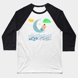 Baby on Moon Fishing Among Colorful Clouds Baseball T-Shirt